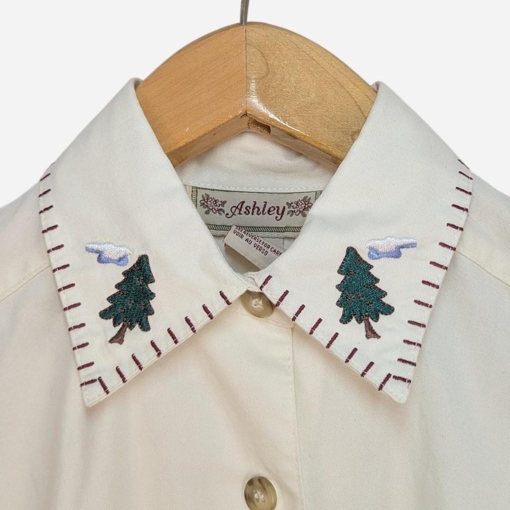 Vintage Ashley Pine Tree Embroidered Collar Cotton Blouse Cream Size 6 - Picture 3 of 8